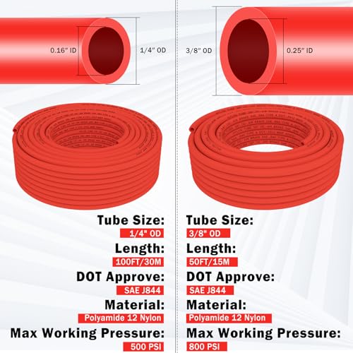CheeMuii 76 PCS Brass DOT Air Line Fittings with 100FT 1/4" and 50FT 3/8" Red DOT Air Lines Kit Push Lock Air Line Quick Connect Fittings with Pneumatic Tubing Set - size: 2ROLL-80PCS-RED