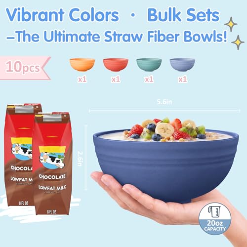 Quatish 10 PCS Unbreakable Cereal Bowls,Dishwasher & Microwave Safe Wheat Straw Bowls, Easy-to-Clean Lightweight Desserts & Soup Bowl, Portable for Picnics ，Snack Plastic Bowls Set，Blue - color: Blue
