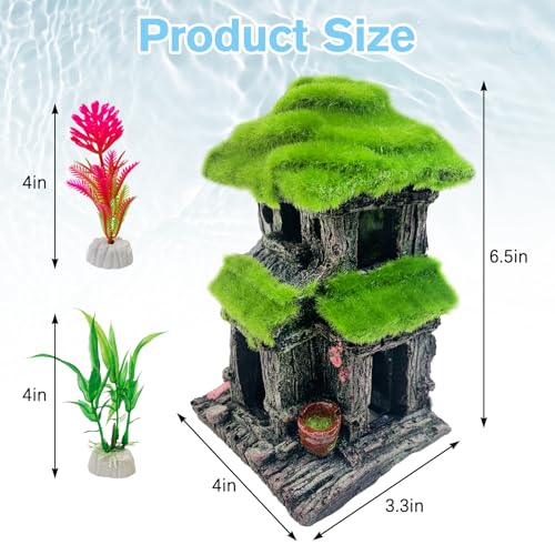 Hamiledyi Fish Hideout House for Aquarium Decorations, Betta Cave with Lifelike Moss, Come with 2 PCS Artificial Plants, Fish Tank Decoration for Shrimp Fish Shelter - style: Cottage