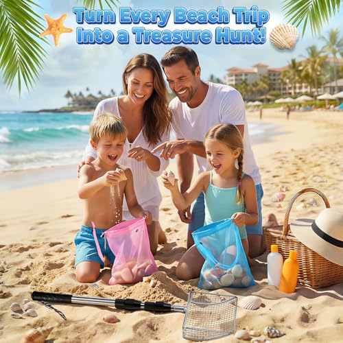 RGQSUN 2 Shark Tooth Sifters with 2 Seashell Bags, Beach Sand Sifter Set with Extendable Handles for Shell Collecting, Sea Glass, Shark Teeth and Small Beach Finds - color: Blue+Pink (2 set)