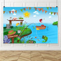 Renaiss 8x6ft Fishing Pond Backdrop for Photoshoot Boys Girls Kids Portrait Bunting Boat Fishes Green Bank Blue Sky Photography Background Baby Shower Newborn Birthday Party Decors Photo Studio Props - size: 8x6ft