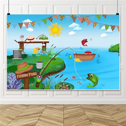 Renaiss 9x6ft Fishing Pond Backdrop for Photoshoot Boys Girls Kids Portrait Bunting Boat Fishes Green Bank Blue Sky Photography Background Baby Shower Newborn Birthday Party Decors Photo Studio Props - size: 9x6ft