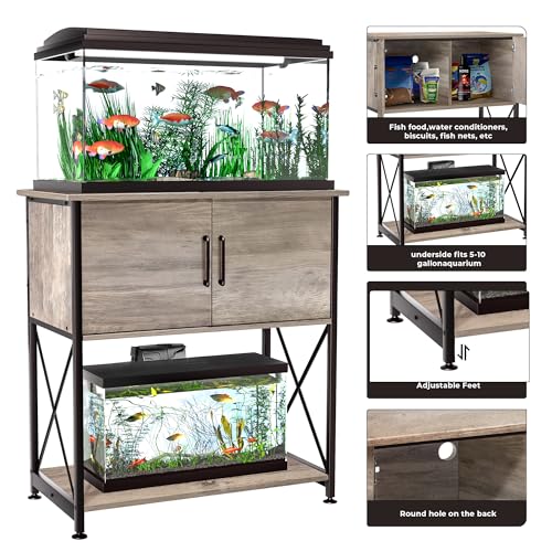 Herture 20-29 Gallon Aquarium Stand Metal Frame Fish Tank Stand with Cabinet Storage, for 20 Gallon Long Aquarium,30.7" L*16.5" W Tabletop,330LBS Capacity Grey PG01YGZ - color: Grey, size: 20-29 Gallon