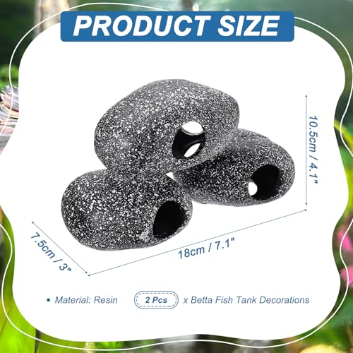 Aquarium Decorations Rocks, 7.1x3x4.1 Inch Betta Hide Resin Realistic Fish Tank Ornaments, 2Pcs(Grey), Intended for Small Fish/Shrimp/Guppy - size: 7.1x3x4.1 Inch