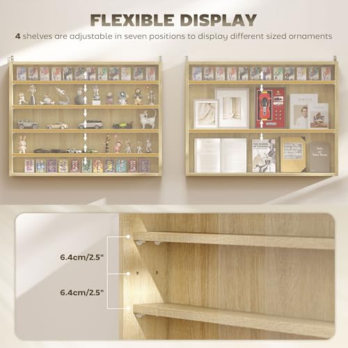 HOMCOM 5-Tier Display Cabinet, Glass Door Cabinet with Adjustable Shelves, Wall-Mounted Display Case for Playroom, Bedroom, Oak - color: Oak