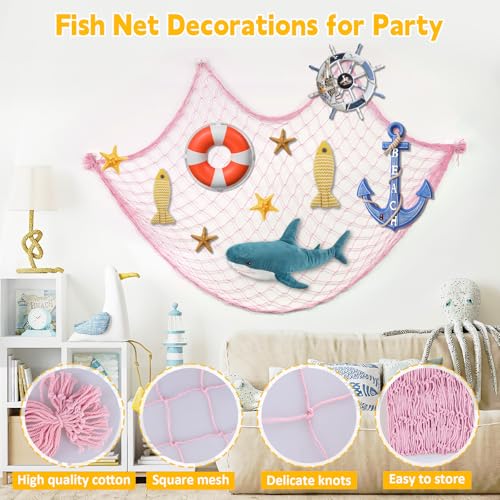 2 Pcs Fish Net Decorations, 39x78 Inch Cotton Nautical Themed Fishing Net, Wall Hanging Photo Display Fishnet for Coastal Bedroom Bathroom, Pirate Hawaiian Beach Under The Sea Party Decor, Light Pink - color: Light Pink
