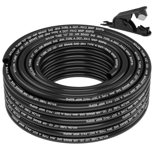 50FT 1/2 DOT Air Line SAE J844 PA12 Nylon Air Hose with Cutter 1/2” OD Pneumatic Tubing DOT Approved 1/2 Air Brake Hose for Air Suspension Kit Truck Trailer Brake System & Fluid Transfer 15.5m - size: 1/2" OD 50FT