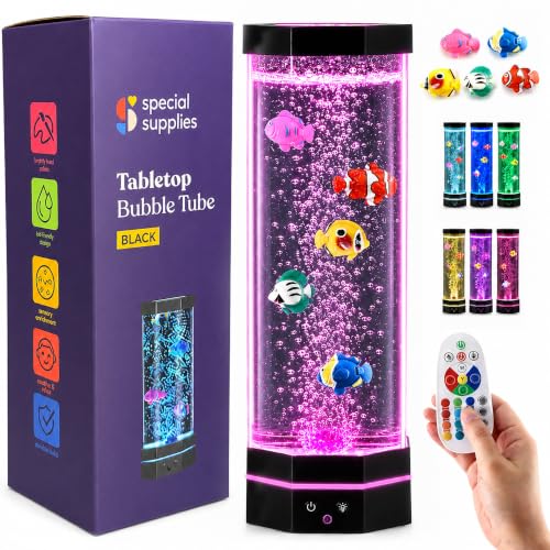 Special Supplies Aquarium Sensory Fish Bubble Light Tube with 16 LED Color Changing Nightlight Effect, Remote Control, and 5 Fish, Colorful Desk Standing Lamp