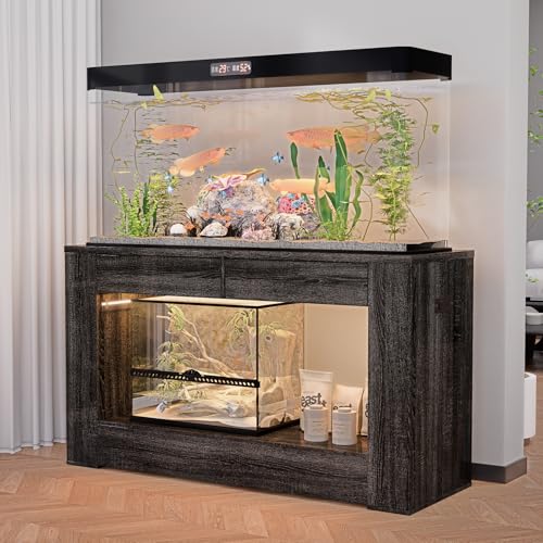48" Aquarium Stand for 55–75/90 Gallon Tank, Heavy Duty Fish Tank Stand up to 1000 LBS, Aquarium Stand with Power Outlet & LED Light, 2-Tier Turtle Reptile Tank Stand with Storage,Black wood - color: Black wood, size: For 55-75-90 gallon