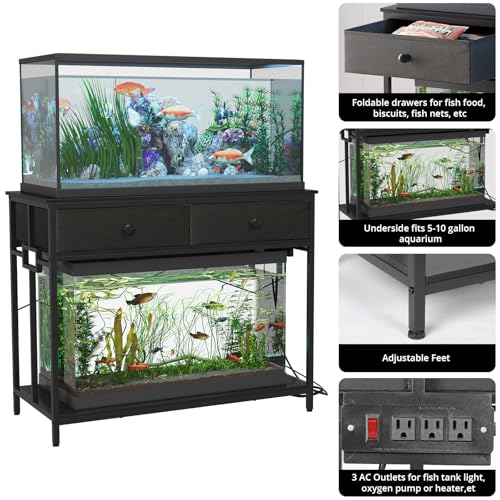 VOWNER 40 Gallon Aquarium Stand with Power Outlet, Metal Frame Fish Tank Stand with Cabinet Storage, Double Turtle Reptile Terrariums Tank Stand, 39.4" L*18.9" W Tabletop, 660LBS Capacity, Black - color: Black