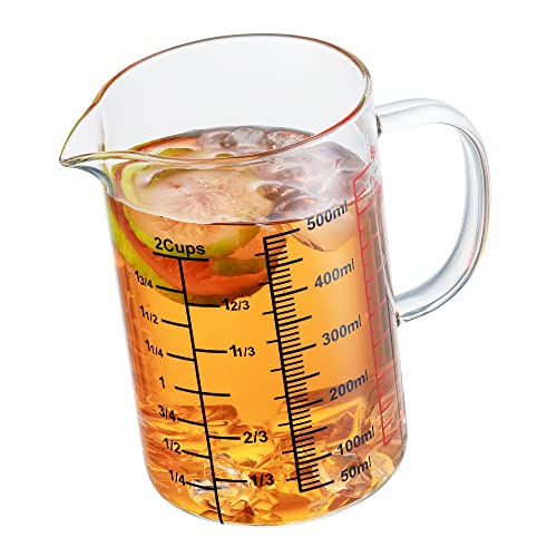 Ackers BORO3.3 Glass Measuring Cup-[Insulated handle | V-Shaped Spout]-Made of High Borosilicate Glass Measuring Cup for Kitchen or Restaurant, Easy to Read, 500 ML (16 Oz, 2 Cup) - size: 2Cup,500ml(High Borosilicate Glass)