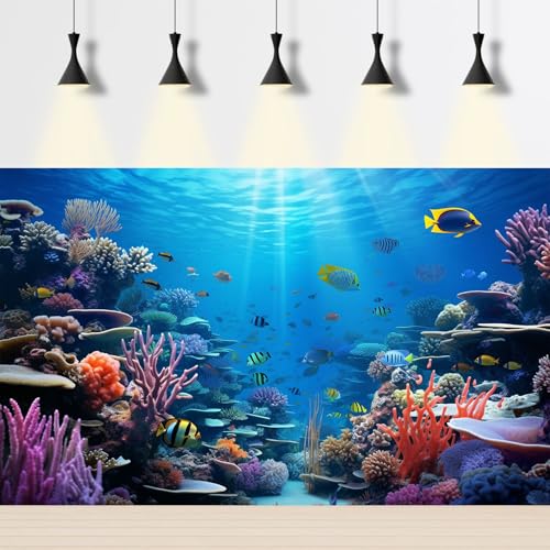Under The Sea Aquarium Background Underwater Coral Reef Panorama Fish Tank Backdrop Ocean Underwater World Terrarium Background Decorations Tropical Fish Undersea Theme Aquarium Decor 24x12in - color: Blue Purple, size: 24(W)x12(H)in