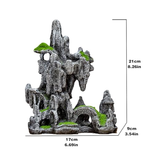 Aquarium Mountain View Ornaments, Large Fish Tank Rock Landscaping Decorations, Tree Hole Bridge Bridge Aquarium Decoration (6.69x3.54x8.26inch-L)