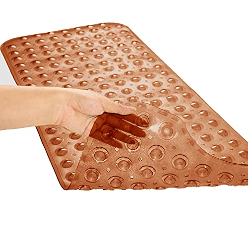 TEESHLY Bathtub Mats for Shower Tub, Extra Long Non-Slip 39 x 16 Inch Bath Mat with Drain Holes and Suction Cups, BathMat for Bathroom with Machine Washable (Clear Brown) - color: Clear Brown