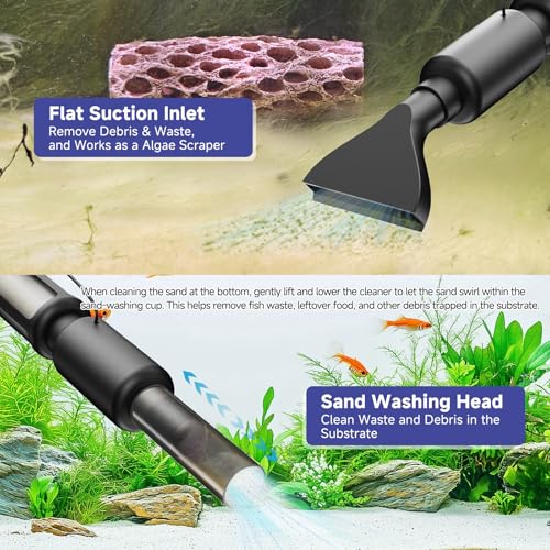 AQQA Electric Aquarium Vacuum Gravel Cleaner - 8W/213GPH Rechargeable Fish Tank Cleaning Tools Automatic Water Changer Pump with Debris Clean & Sand Washing, 4-Speed Adjustable Powerful Suction - size: 8W with 213GPH