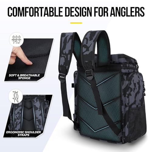 PLUSINNO Fishing Tackle Backpack with Rod Holders，42L Water-resistant Fishing Bag Store Fishing Gear, Fisher Gifts For Men. - color: Black Camouflage.