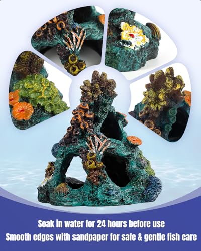 Uniclife Aquarium Decor, Fish Tank Decorations, Realistic Resin Coral Reef Rock Ornament & Plants Set for Fish Tank Decor, Colorful Aquarium Cave Decorations for Freshwater & Saltwater Tanks - style: Green Coral Tower + Purple Seaweed