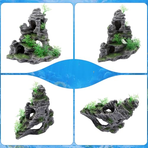 Saim Large Aquarium Decorations Set– Resin Castle and Mountain View Stone Ornament, 2Pack Fish Tank Rock Decor & Aquatic Plant Background for Freshwater/Saltwater Tanks (11.5x6x10.6+5.83x3.74x5.91) - size: 11.5x6x10.6+5.83x3.74x5.91