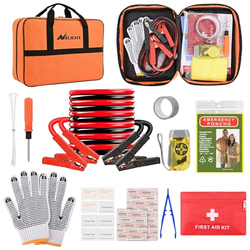 Nilight Car Emergency Kit with Jumper Cable, First Aid Kit Safety Assistance Tools for Travel Camping Outdoor Cars Truck SUV RV, Roadside Essentials with Flash Light - color: Essential Kit+Flash Light
