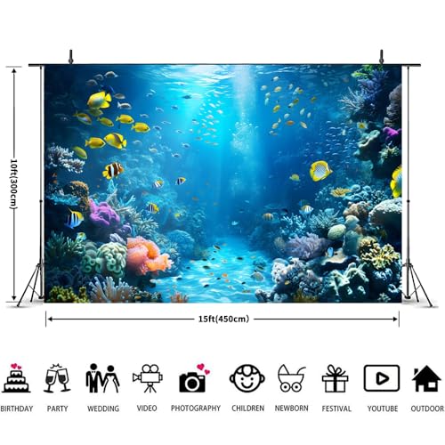 Under The Sea Backdrop 15x10ft Ocean Backdrop Underwater World Colorful Tropical Fish Coral Aquarium Deep Sea Sunlight Photography Background Birthday Under The Sea Party Decorations Photo Props - color: Blue2, size: 15x10ft