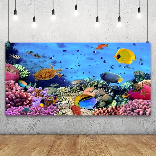 AOFOTO 15x8ft Underwater Ocean Coral Reef Backdrop Under The Sea Tropical Fish Sea Turtle Marine Life Photography Background Seabed World Nature Scene Aquarium Decor Kids Portrait Photo Shoot Props - size: 15x8ft