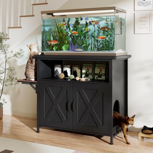 Verano Garden 40-50 Gallon Fish Tank Stand with Hidden Cat Litter Box Enclosure Furniture, Cat Viewing Aquarium Stand with Storage Shelf & Side Cat Perch, 36.2"x20.5" Tabletop, 660 LBS Capacity - color: Black