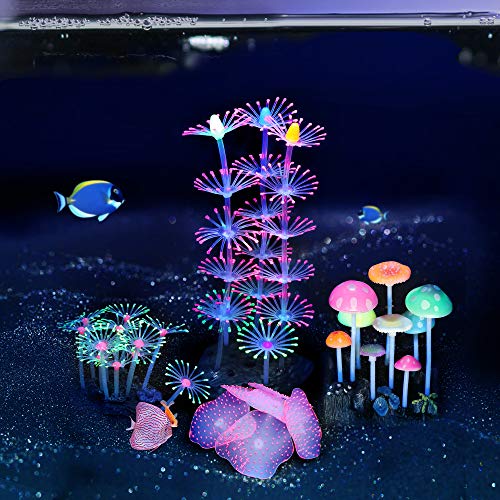 4 Pack Glow Aquarium Decorations Coral Reef Glowing Mushroom Anemone Simulation Glow Plant Glowing Effect Silicone for Fish Tank Decorations - color: 4 Pcs(coral Reef+branch Coral+mushroom+anemone)