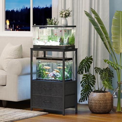Aquarium Stand 10 Gallon with 2-Tier Shelf, Fish Tanks Stand with 2 Drawers, Metal Frame Heavy Duty Reptile/Turtle Tank Stand for Home Office, Fish Tanks Accessories Storage, Black - color: Black
