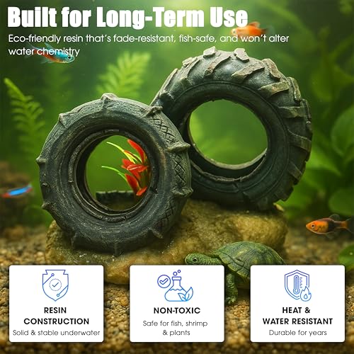 Aquarium Resin Decorations, Tree House Ornament-Tire Scene, Aquarium Decor for Glofish, Betta Accessories, Turtle Hideouts, Aquarium Plants, Ornaments & Fish Tank Accessories (Tire landscape) - color: Tire Landscape