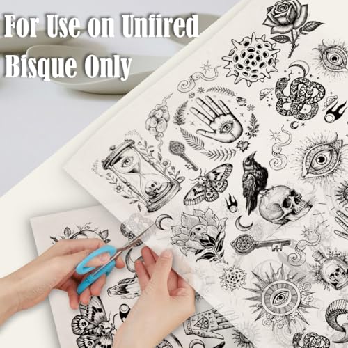 SUPERDANT 4PCS Divination Underglaze Paper Transfer Skull Witchcraft Transfer Paper for Clay Ceramic Porcelain Under Glaze Transfers for Pottery Enamel Decals Black Underglaze Decal Papers - style: Divinatory Elements