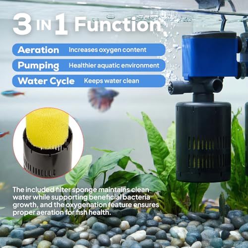Aqua Dream 210 GPH Internal Aquarium Filter - 3 in 1 Submersible Powerhead Pump with Air Oxygenation & Sponge Filtration, 15W Adjustable Flow Water Cycling Pump for Fish Tanks - 5 Pcs - color: Blue; 5 Pc, size: 210 GPH with Filter