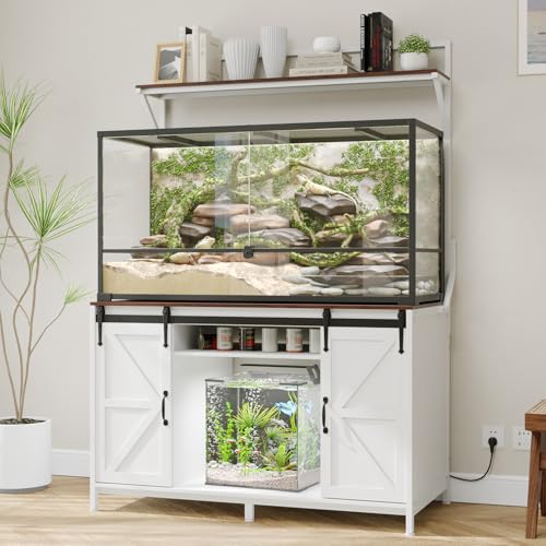 VOWNER Farmhouse Reptile Tank Stand with Power Outlet, 48" X 24" Tabletop Fits up 120 Gallon Bearded Dragon Tank, Heavy Duty Aquarium Stand with Storage Cabinet, Reptile Turtle Terrarium Stand White - color: White + Walnut