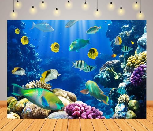 BELECO Fabric 5x4ft Underwater World Backdrop Under The Sea Tropical Fish Coral Reef Blue Deep Sea Aquarium Background Undersea Party Decorations Banner Birthday Photoshoot Studio Props