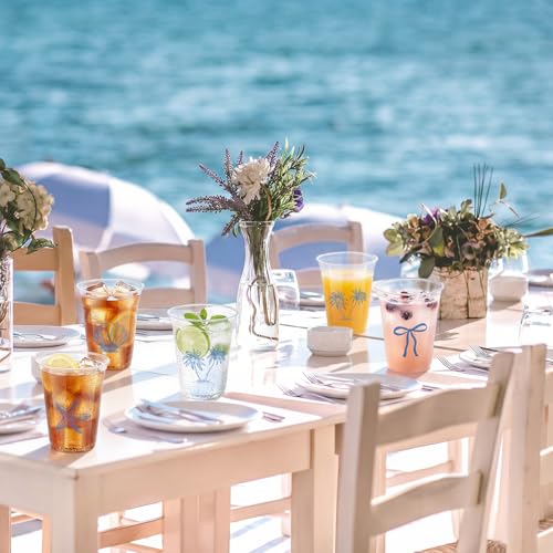 Qinyoung 100 Pcs Ocean Party Disposable Cups 12 oz Clear Plastic Blue Bow Starfish Seashell Coastal Beach Nautical Sea Theme Plastic Cups for Under The Sea Summer Ocean Tropical Mermaid Party Supplies - style: Coastal