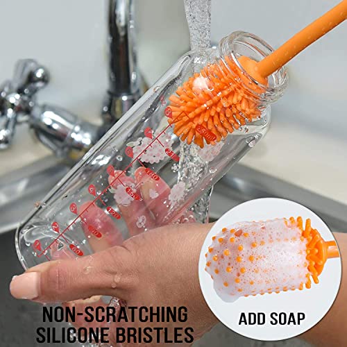 Silicone Bottle Brush with 2 Straw Cleaners - 12.5” Water Bottle Cleaner Brush for Yeti, Hydro Flask, Owala, Stanley, Baby Bottles, Glassware, Vases & Narrow Neck Containers - Orange