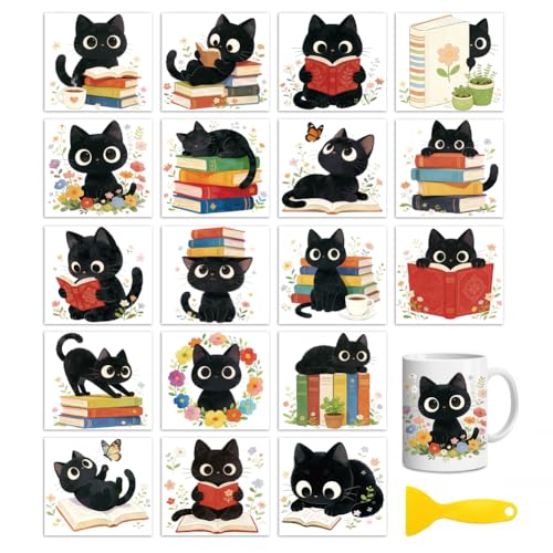 Peacoblue 18 Sheets Rub on Transfers for Crafts, Cat with Books and Flowers 3.6"x3.9" UV DTF Cup Wraps Waterproof Cold Transfers Stickers for Wood Glass Metal Cup Tumblers Mirrors Mugs Home Decor - style: Cat with Books and Flowers