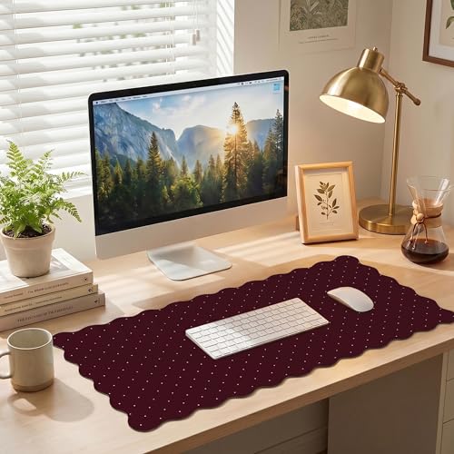 Cute Burgundy Maroon Scalloped Desk Mat with Polka Dot Large Mouse Pad Computer Mat Aesthetic Keyboard Mat for Desktop Laptop Protector for Office & Home - color: A5- Burgundy Pink