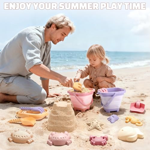 3 Pack Beach Toys Set for Kids Toddlers Girls, Collapsible Sand Buckets with Beach Molds and Mesh Bag, Sandbox Travel Toys Beach Vacation Essentials, Camping Gear, Fishing (Purple/Pink/Yellow) - color: Purple/Pink/Yellow
