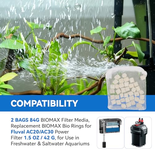 84g 2 Bags Bio-max Filter Media, Replacement Biomax Bio Rings for Fluval AC20 AC30 Power Filter 1.5 oz / 42 g, biomax for Aquarium Filter, for Use in Freshwater & Saltwater Aquariums
