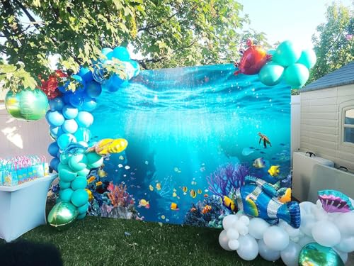 Under The Sea Backdrop 10x8ft Ocean Backdrop Underwater World Coral Turtle Fish Sunlight Decorations Background Aquarium Cake Table Banner Studio Props - color: Marine Blue, size: 10x8ft (300x240cm)