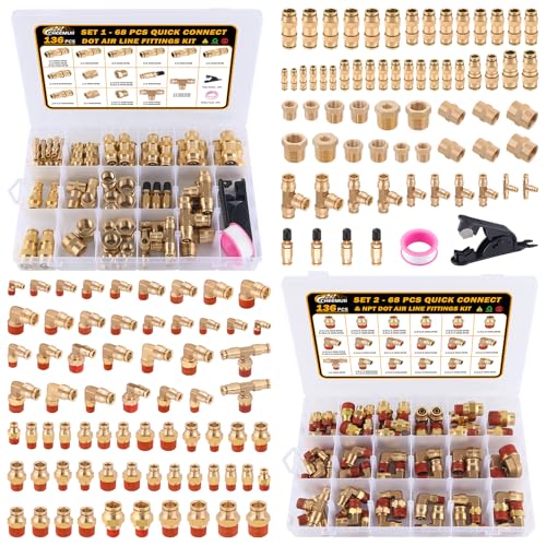 CheeMuii 136 PCS Brass DOT Air Line Fittings Kit Push Lock DOT Air Fittings Push to Connect Fittings 1/8" 1/4" 3/8" 1/2" Quick Connect Air Hose Fittings Assortment for Air Line Air Hose - size: 136PCS