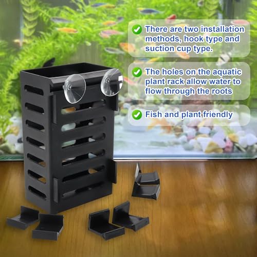 4 PCS Aquarium Plant Holder with 24 Hooks and 8 Suction Cups, Hanging Plant Holder for Fish Tank, Aquatic Plant Pots for Aquarium Decorations Plants, Hanging Aquatic Planter Cups (Black)