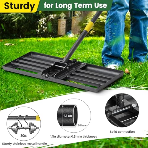 Lawn Leveling Rake with 30"x10" Foldable Curved Ground Plate, Heavy Duty 72" Long Handle Lawn Leveler Tool for Leveling Compost Soil Dirt Sand Grass Peat Moss - style: Foldable 30X10" - 6FT