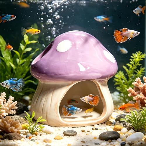 Cute Aquarium Mushroom House Betta Fish Tank Accessory Decor Mini Ceramic Fish Hideout Shrimp Cave Ornament (Purple) - color: Purple