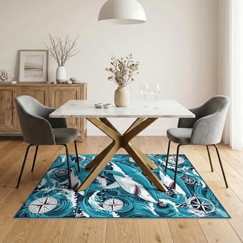 5'x7' Washable Graphic Wave Area Rug, Navy Flatwoven Floor Covering Non-Slip Chair-Friendly Carpet for Dining Room, Under Table, Home Office | Ref:2068650 - color: Blue/Pattern 14, size: 5' x 7' (Rectangular)