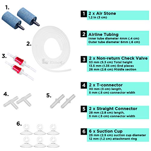 Rhinox Aquarium Airline Tubing Set, Self-Assembly CO2 Diffuser Kit, 6-Feet Airline Tubing, 2 Air Stones and Check Valves, 4 Connectors, 6 Suction Cups