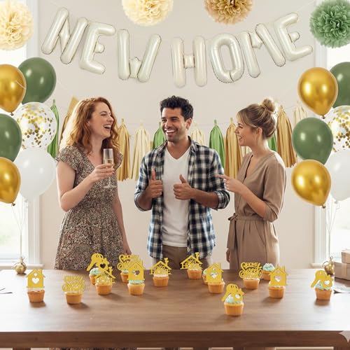 New Home Housewarming Party Decorations - Sage Green Gold Boho Welcome Home Decor Kit with Balloons Cupcake Toppers, Tassels House Warming Gifts for New Home Celebration - color: Sage Green Gold