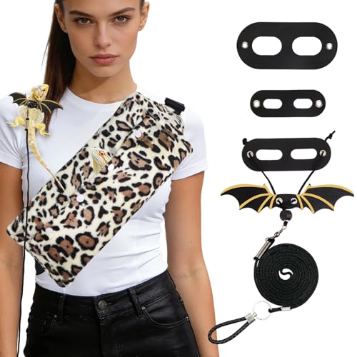 Bearded Dragon Leash and Carrier Sling, Super Soft Lizard Carrying Pouch, Adjustable Leather Wings Beardie Harness, Reptile Small Pet Snuggle Sling Bag Accessories for Outdoor Travel Walking Rest