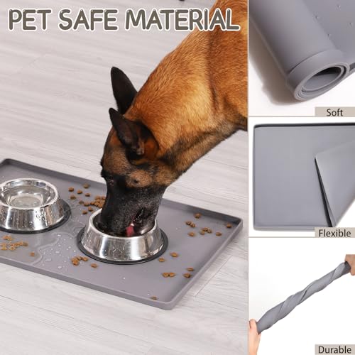 MateeyLife Silicone Cat & Dog Food Mat for Floors Waterproof, Anti-Slip Dog Bowl Mats for Food and Water, Pet Feeding Mats with Lip to Prevent Spills, Pet Placemat for Messy Drinkers to Protect Floors - color: Gray, size: 24''×16''