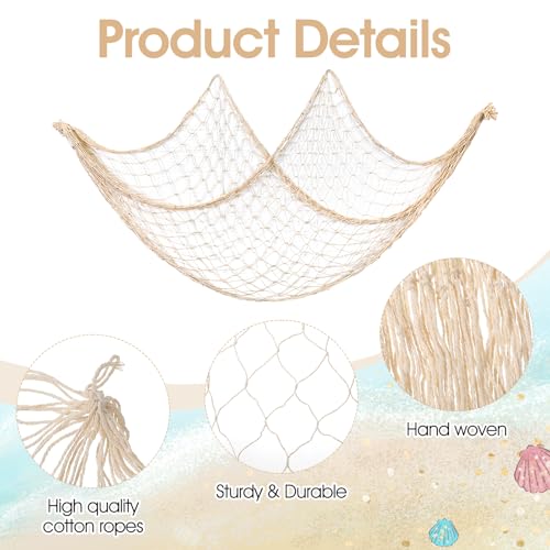 2 Pack Natural Fish Net Decorations for Party, Natural Cotton Hawaiian Party Fishing Net Decorative, Nautical Themed Cotton Fishnet Under The Sea Pirate Ocean Beach Halloween Decor